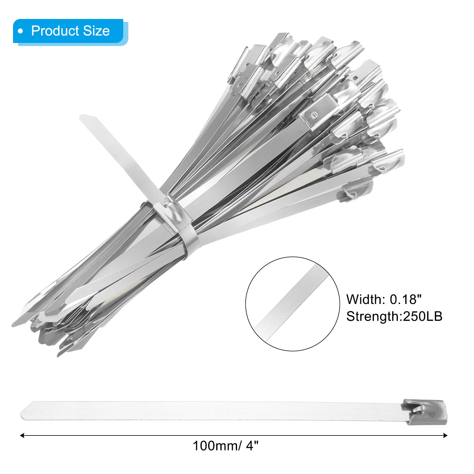 PATIKIL Metal Zip Ties 100 Pcs, 4 Inch Heavy Duty 304 Stainless Steel Self-Locking Cable Ties - Image 2
