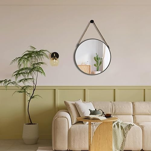 Miniatura 12 de POZINO Espejo redondo, espejo colgante de 24 pulgadas con cuerda, espejos de pared circular, marco negro, espejos de granja para baño, dormitorio