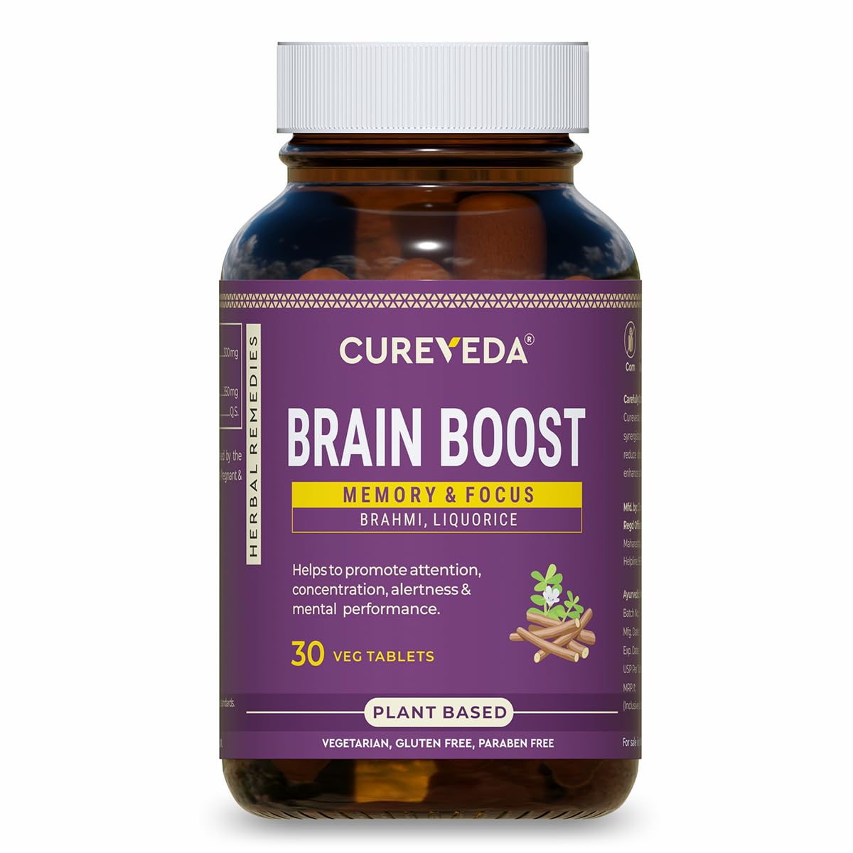 Cureveda Herbal Brain Boost Tablet for Brain & Memory Wellness | Extracted with Brahmi and Liquorice | Improves Learning, Memory Retention | Vegetarian | Gluten & Paraben Free (30 Tablets)