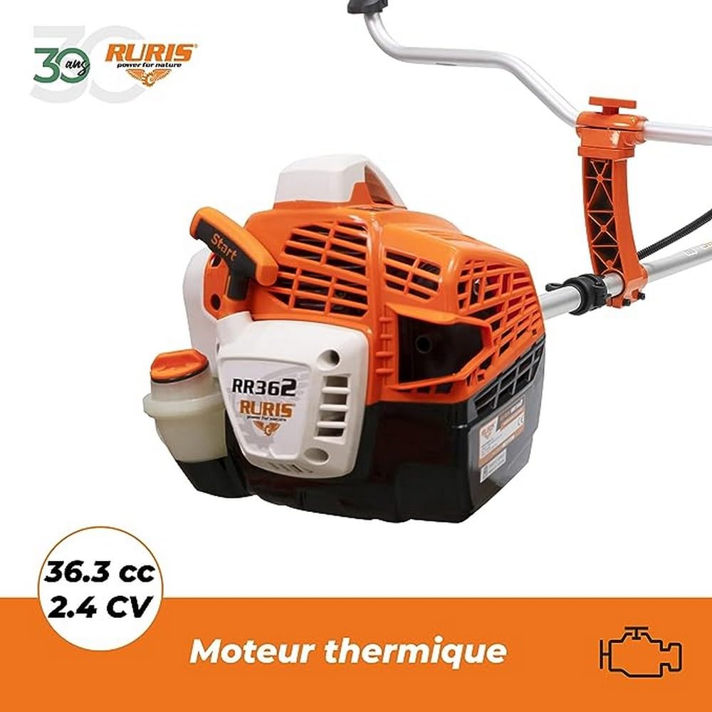 RURIS POWER FOR NATURE Desbrozadora térmica RR362 2 Tiempos 36,3 cm3, 2,4 CV, 255 mm – Arnés de Doble Balance, Asas ergonómicas de Dos segmentos