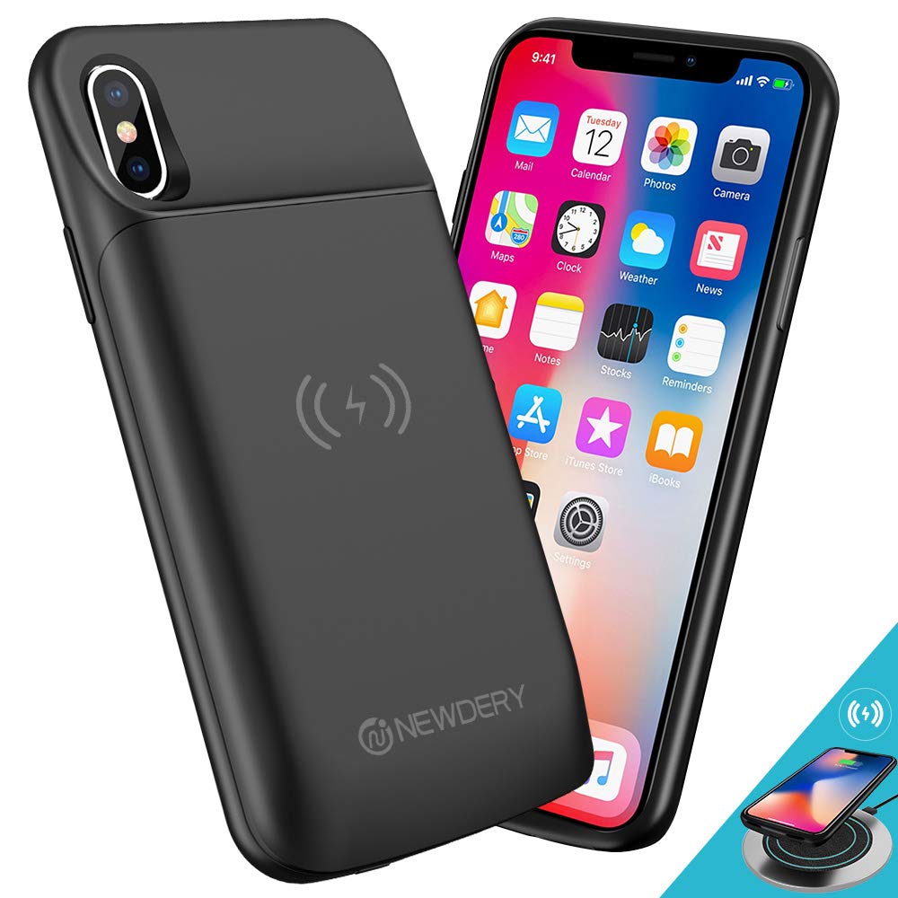 Newdery Upgraded iPhone X Xs Battery Case Qi Wireless Charging Compatible, 6000mAh Slim Extended Rechargeable External Charger Case Compatible iPhone X Xs 10 (5.8 Inches Black)
