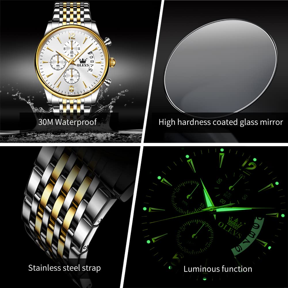 OLEVS Relojes de lujo para hombre, multifuncional, cronógrafo, fecha curvada, cuarzo, analógico, reloj de pulsera de acero inoxidable, impermeable, luminoso