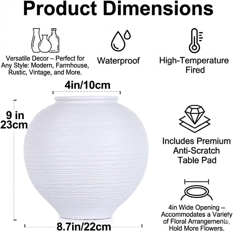 Large White Ceramic Vase - 9 Inch Round Farmhouse Wide Mouth Holds Water, White Vases Ceramic Vases for Home Decor Living Room Table Mantel Shelf Entryway Bathroom - Image 2