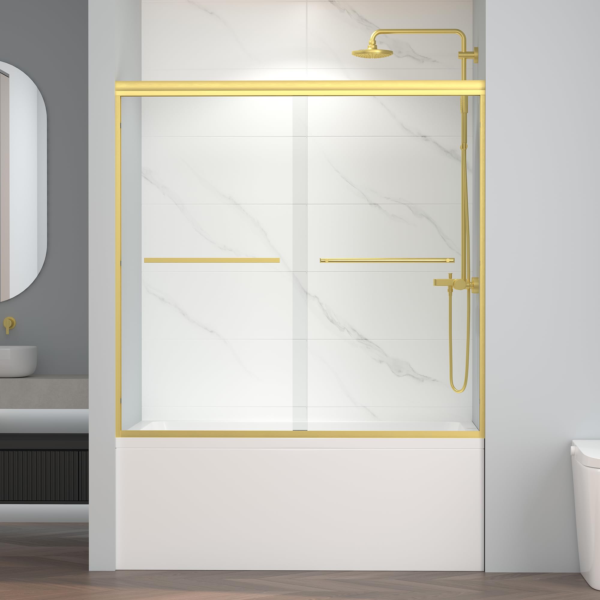 ENSO SENKA 60" W x 58" H Bypass Bathtub Shower Door, Semi-Frameless Double Sliding Glass Tub Door, SGCC Certified 1/4" (6mm) Clear Tempered Glass, Brushed Gold Finish