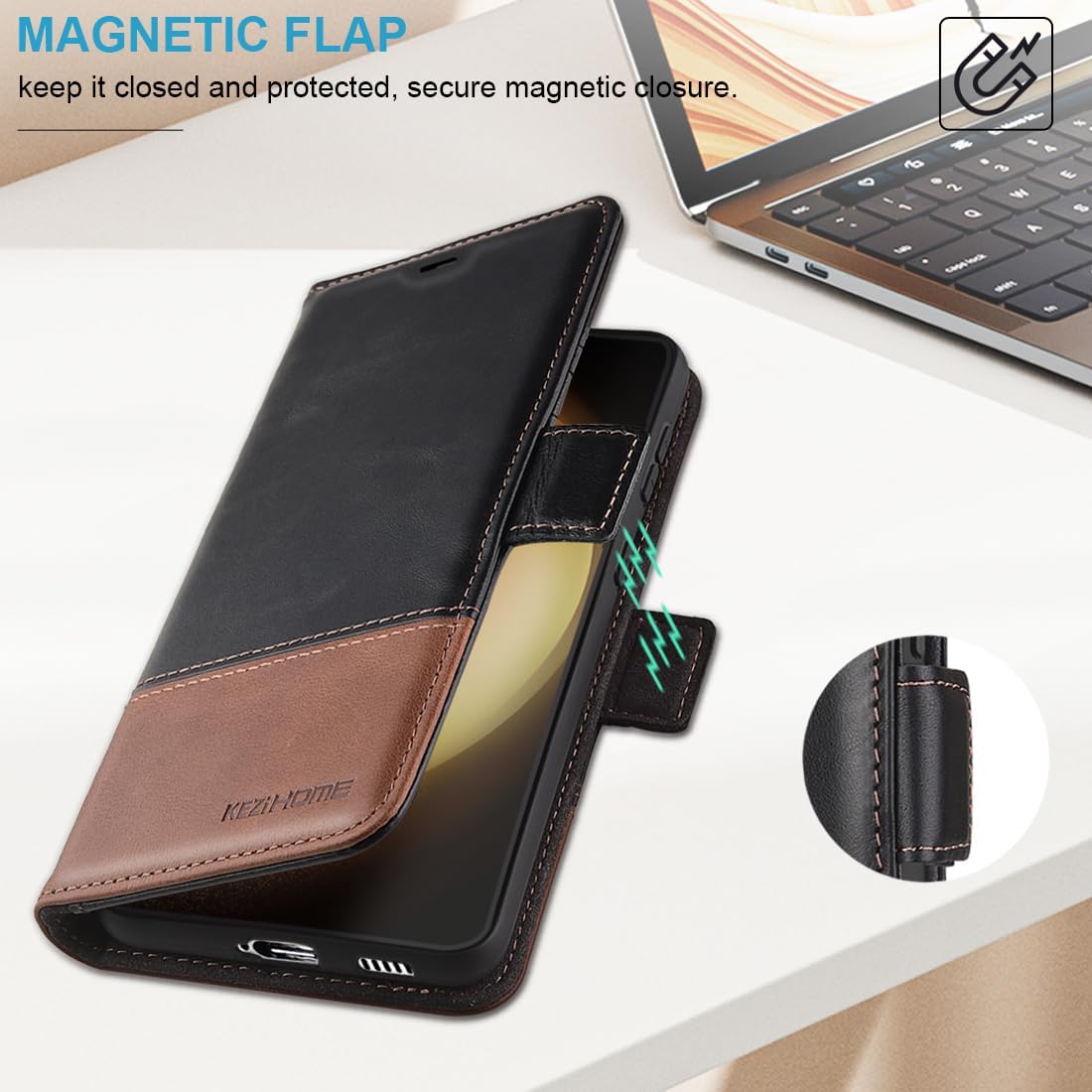 KEZiHOME Case for Galaxy S24 5G, Genuine Leather [RFID Blocking] Wallet Case with Card Slots Kickstand Folio Flip Phone Cover Compatible with Galaxy S24 5G (2024) (Black/Brown)