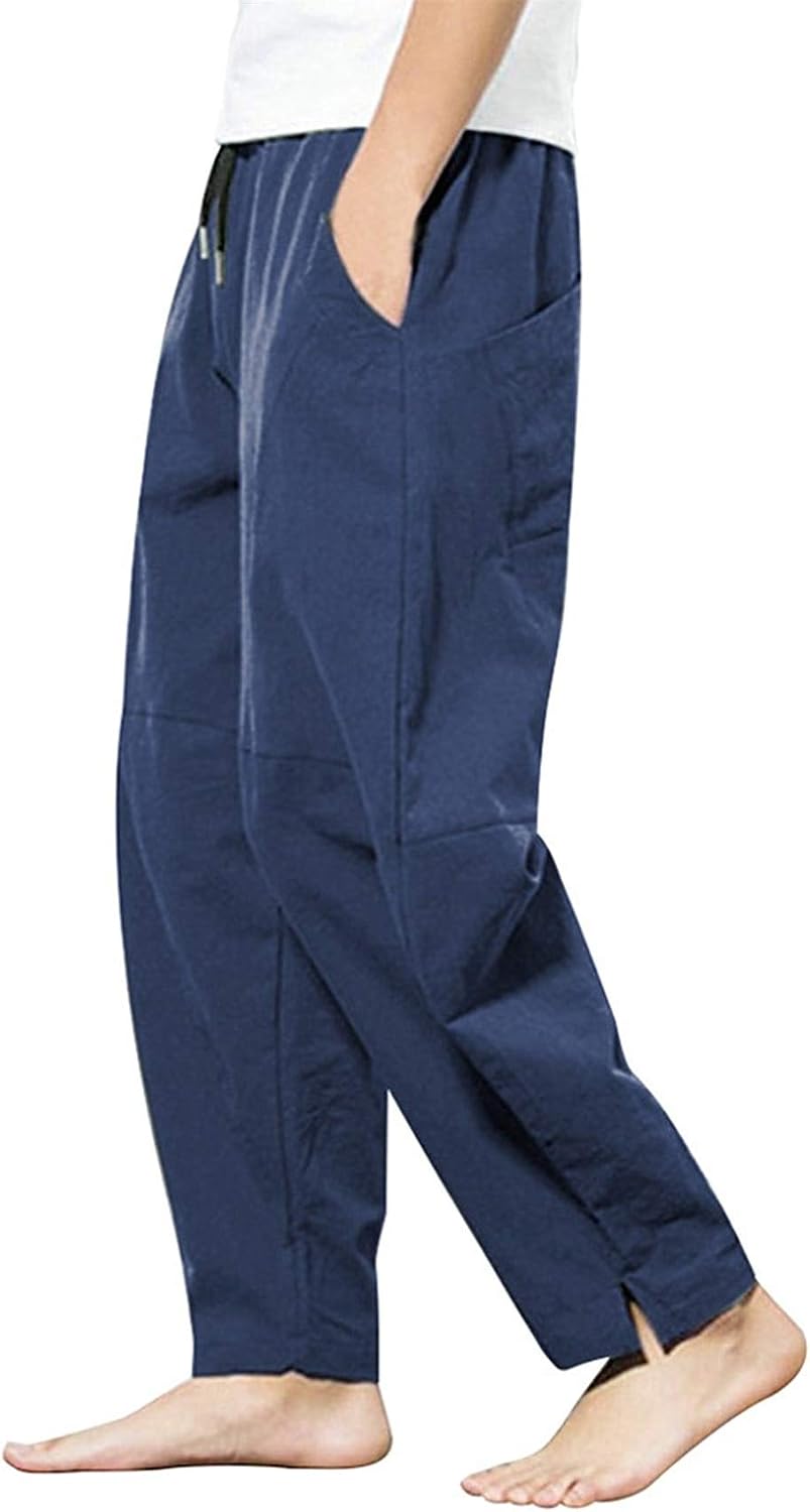 PACEIADTA Men's Cotton Linen Drawstring Pants Elastic Waist Casual Summer Beach Pants
