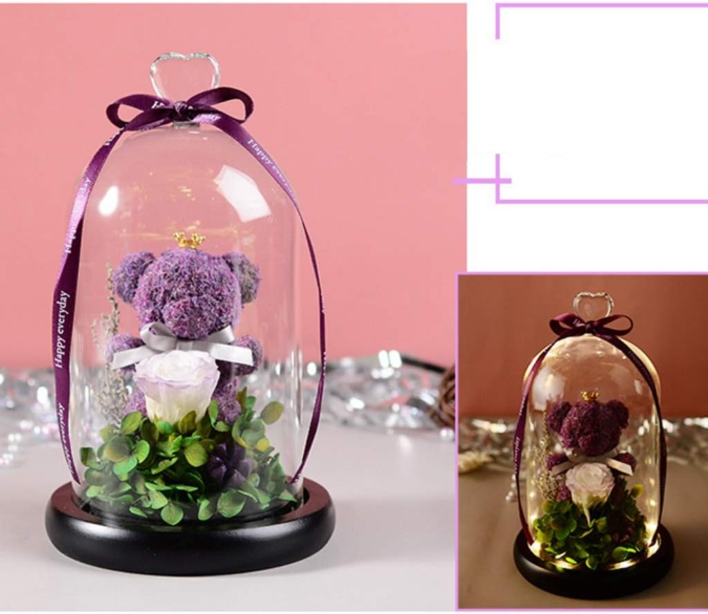 Handmade Preserved Flower Eternal Rose with LED Lights in A Glass Dome and Gift Box Eternal Rose Bear for Christmas Valentine's Day Mother's Day (Color : Purple)