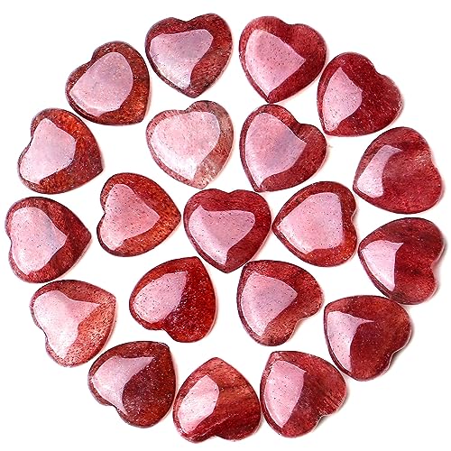 Image of QINJIEJIE 20PCS Straberry Quartz Heart Stones Crystals Bulk Love Shaped Worry Stone Heart Rock Pocket Polished Palm Gems Crystal Reiki Balancing Wholesale Carved Stone Decor Gift