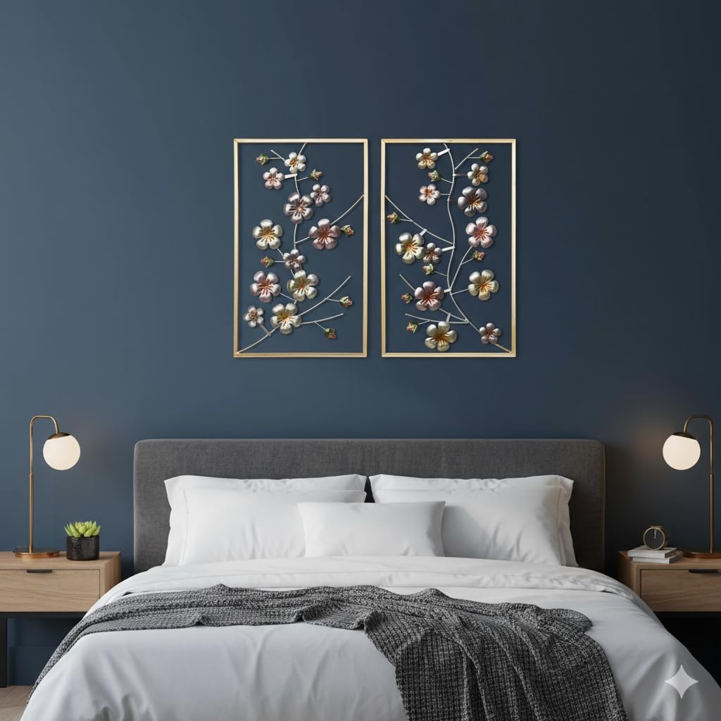 Metal Flower Wall Decor Framed, Set of 2 Floral Art wall decor, Elegant Wall Decorations for Living Room Bathroom Bedroom Above Bed Housewarming