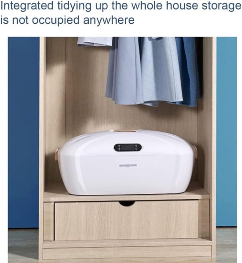 The JYXYXSCP Automatic Cordless Vertical Steam Iron and Clothes Dryer folded and stored neatly inside a wardrobe compartment, demonstrating its compact design.