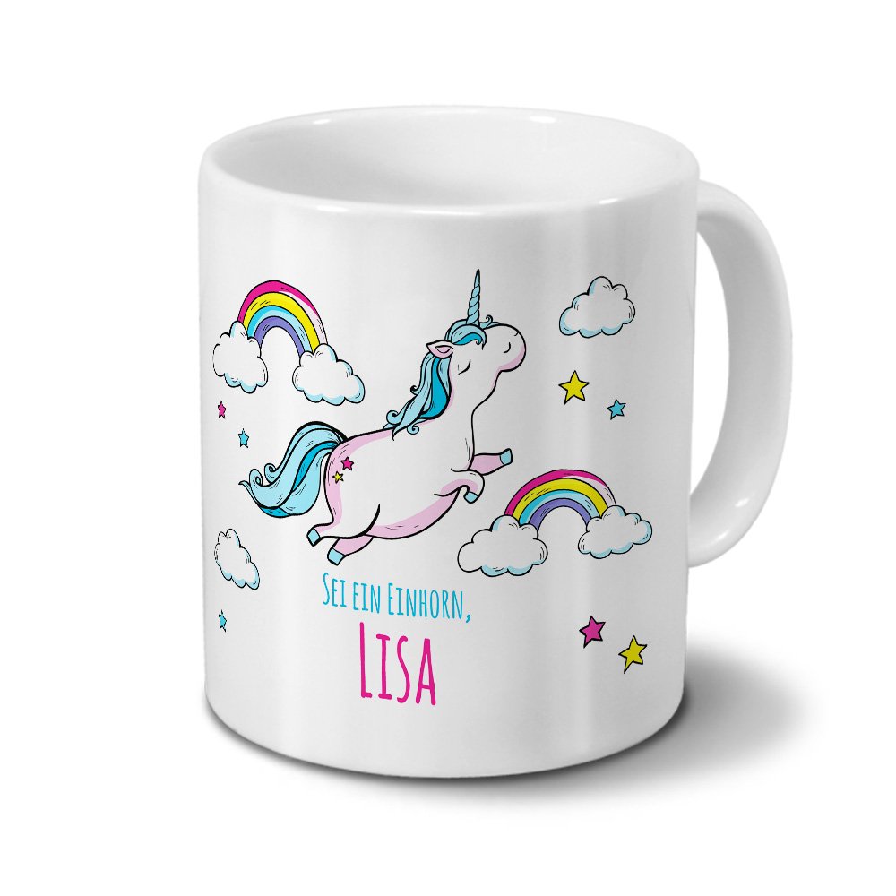 Personalisiert Tasse Mit Namen Lisa – Motiv 'Dickes Einhorn', 325 Ml, Spülmaschinengeeignet, Weiß