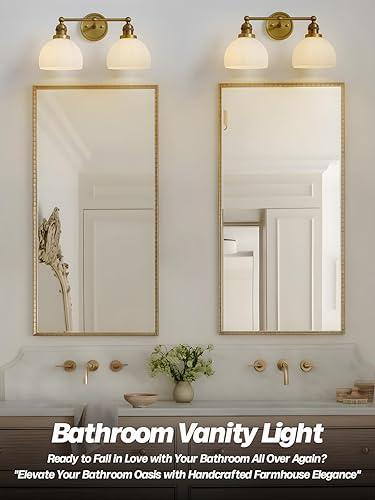 Miniatura 3 de Aplique de pared dorado de 2 luces, aplique de pared vintage para baño, con vidrio de leche, doble brazo de latón, lámpara de tocador para sala de