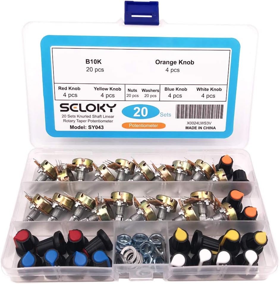 20 PCS 10K Ohm Knurled Shaft Linear Rotary Taper Potentiometer with Five Kinds Knob(WH148) Kit