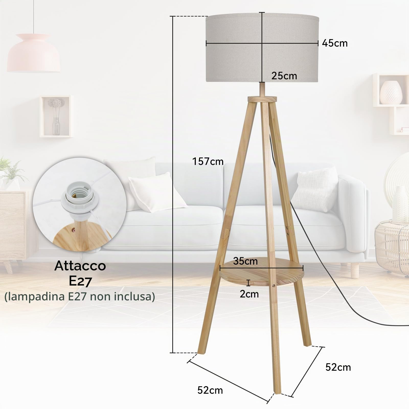 YU YUSING Lampada da Terra Treppiede in Legno Solido 160cm, Lampada da Pavimento con Ripiano Portaoggetti, Presa E27 per Soggiorno, Camera da Letto, Studio, Ufficio, Retrò (Senza Lampadina)