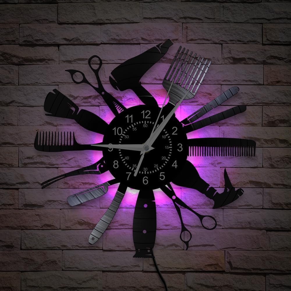 12'' Hairdressing Tools Barber Shop Wall Clock 7 Kinds of LED Color, Hair Salon Wall Clock Night Light Hair Stylist Wall Watch Clock Battery Silent Non Ticking Gift for Hairdressers Barbers