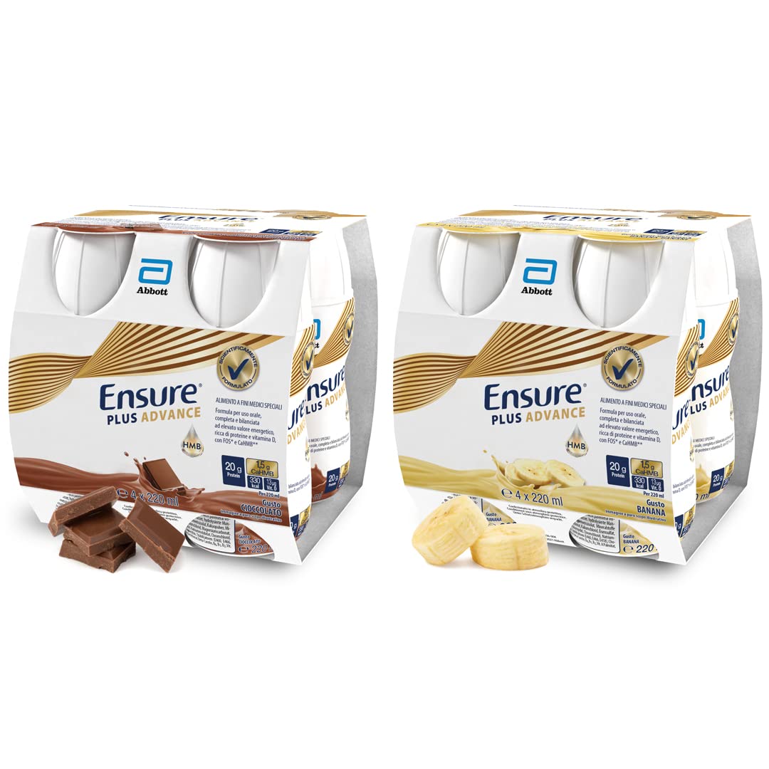 Ensure Plus Advance Supplemento Nutrizionale Ipercalorico ed Iperproteico |Formato bevanda| Alimento a fini medici speciali con Vitamine e Minerali | Multipacco 8x220ml Gusto Cioccolato e Gusto Banana