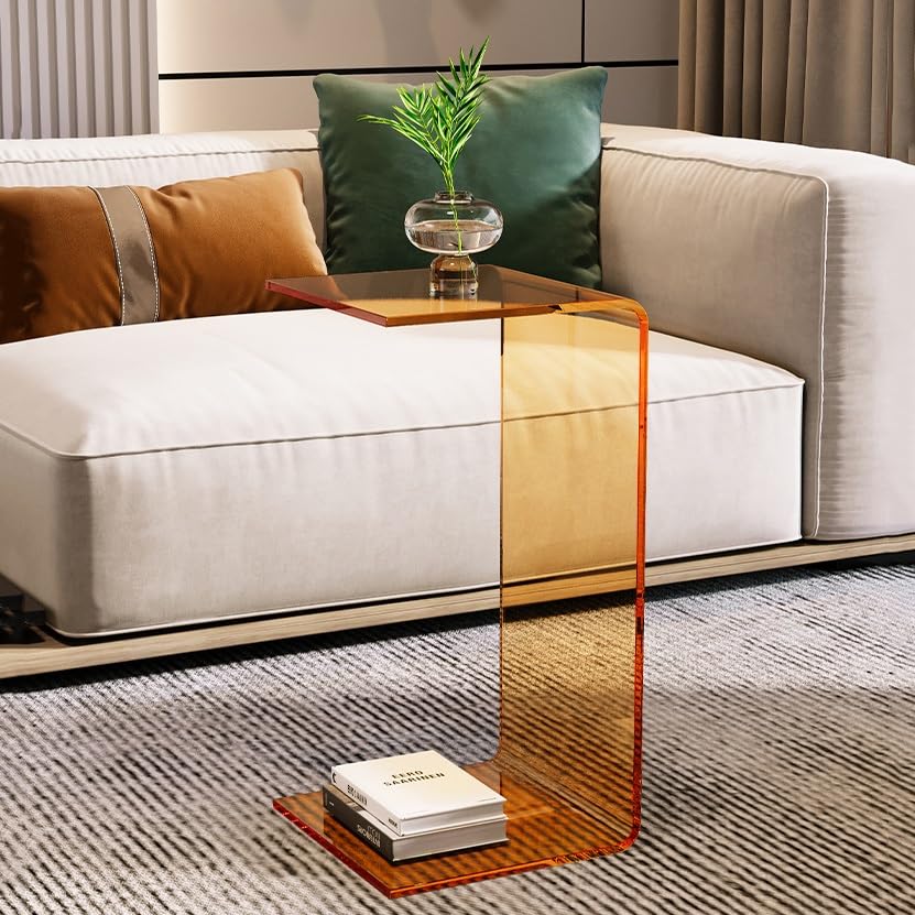Moderna mesa auxiliar de acrílico – Elegante mesa auxiliar de sofá en forma de C, mesa auxiliar multifuncional/mesita de noche para sala de estar y dormitorio, diseño compacto perfecto para sofá y
