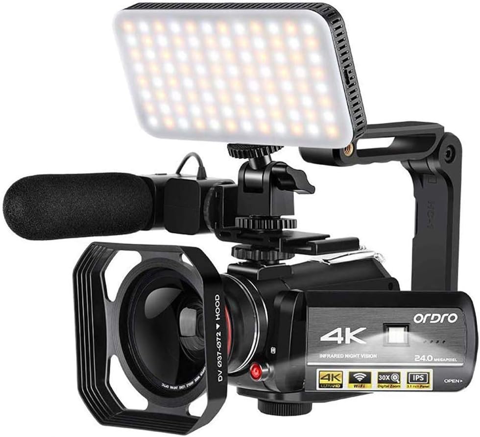 ORDRO 4K Camcorder Video Camera AC3 1080P 60FPS Vlog Camera IR Night Vision WiFi Camcorder with Microphone, Wide Angle Lens, LED Video Light, Handheld Holder, Storage Case and 64GB Card