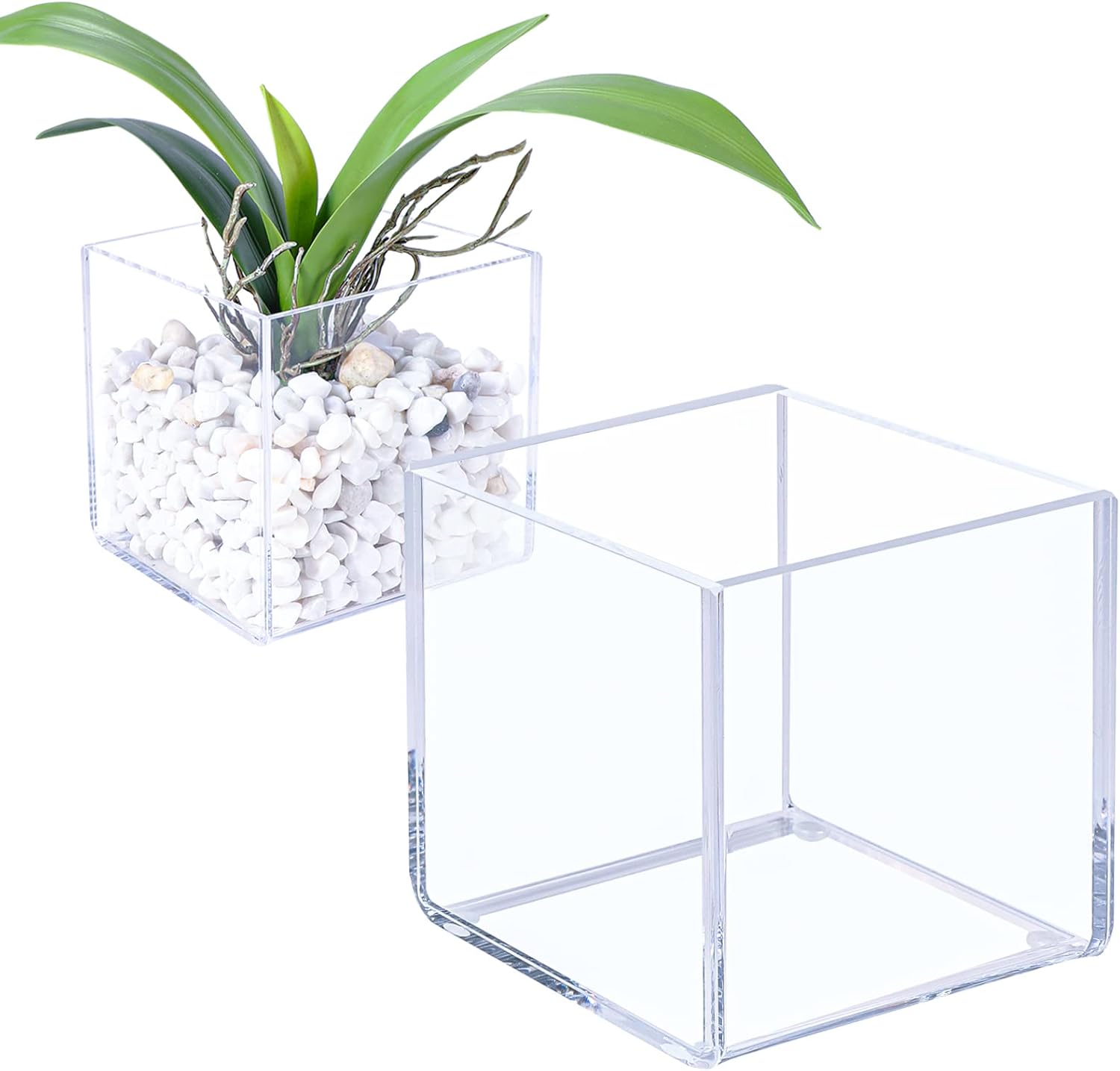 Kamehame Clear Vase 2 Pcs Acrylic Vase, 5"x5"x5" Succulent Pots Planters, Square Cube Vases for Centerpieces, Flower Vase for Home Office Wedding Floral Decor