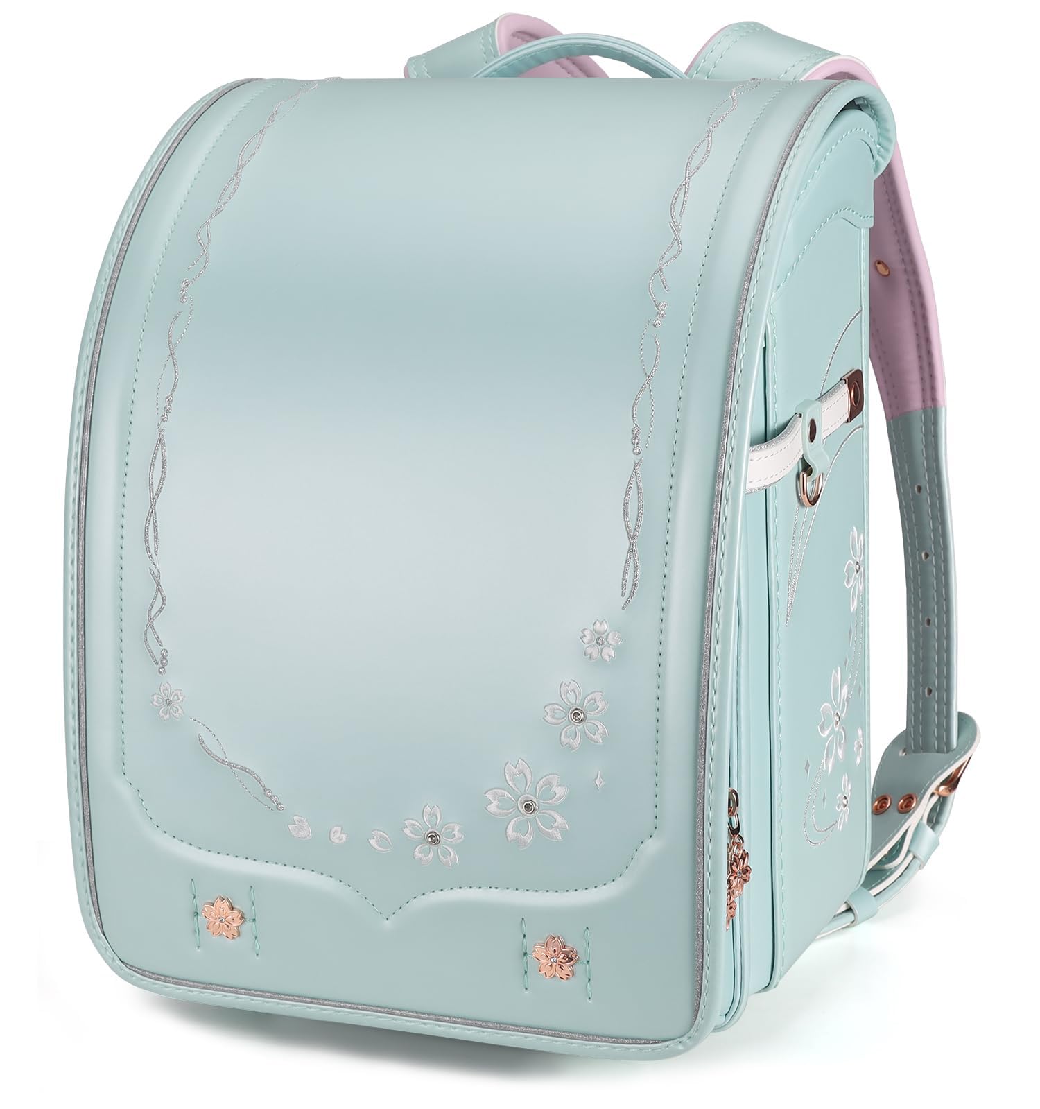 IwaiLoft Ransel Randoseru Backpack Automatic Satchel Japanese School Bag Cherry Blossom Sakura Embroidery PU Bookbag (Light Green)