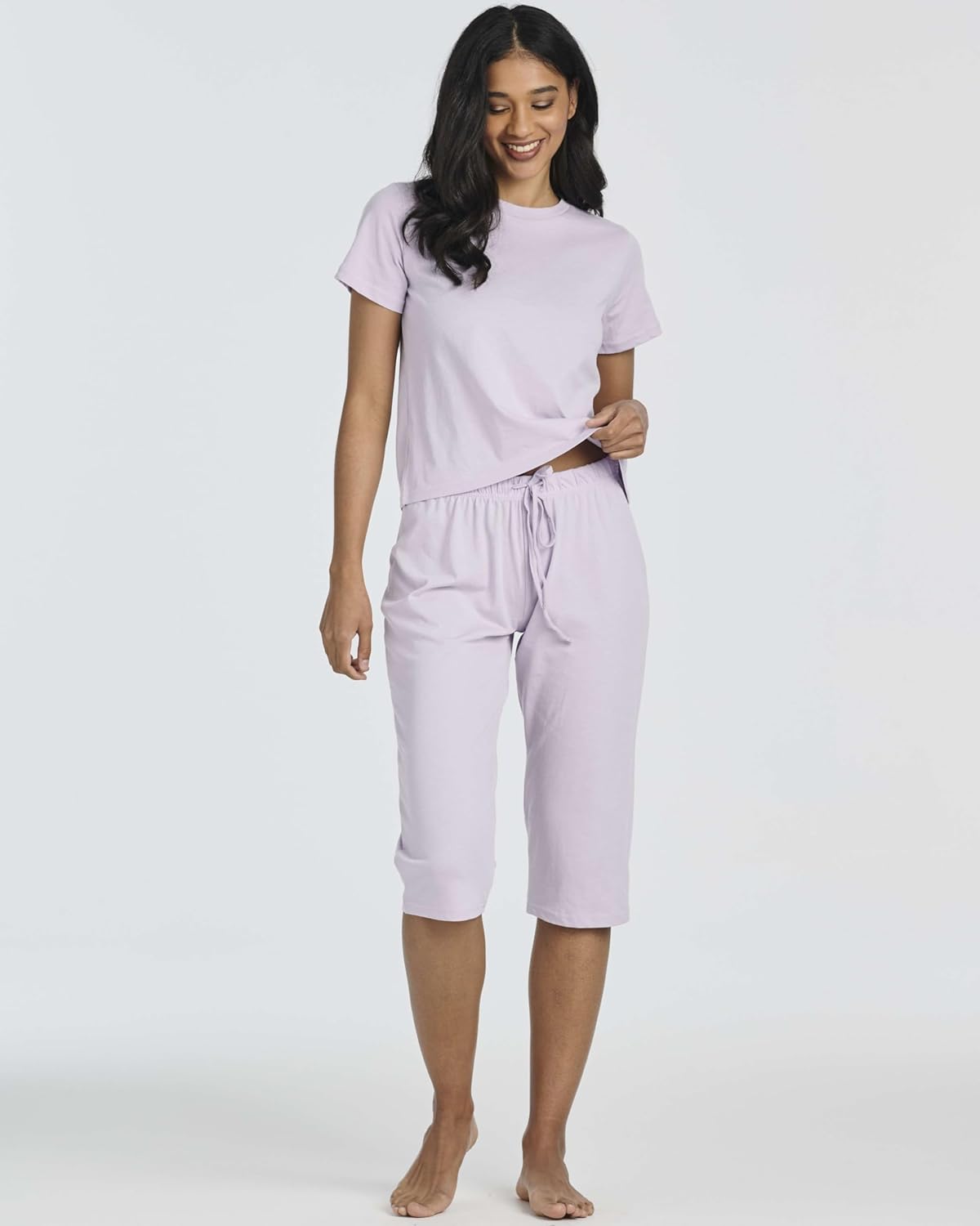 Real Essentials 2 Pack: Women's Cotton Short Sleeve Top and Capri Pants Pajama Lounge PJ Sets with Pocket (Available In Plus) - Image 6
