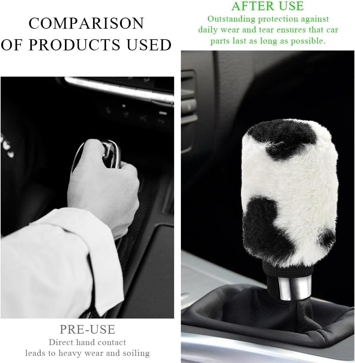 Cow Print Car Accessories Set, Soft Fluffy Plush Cute Cow Steering Wheel Cover & Handbrake Cover, Warm Furry Cow Print Armrest Mat & Shift Gear Cover, Car Accessories (Gear Cover)
