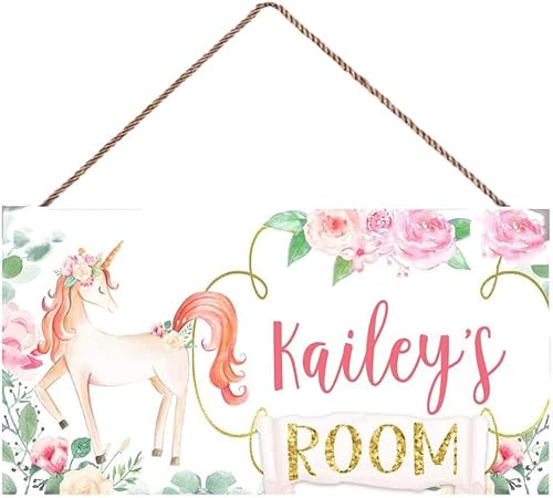 Letrero de puerta personalizado de unicornio con diseño de flores, para dormitorio de niñas, bebé, cuarto de bebé, placa de madera, nombre