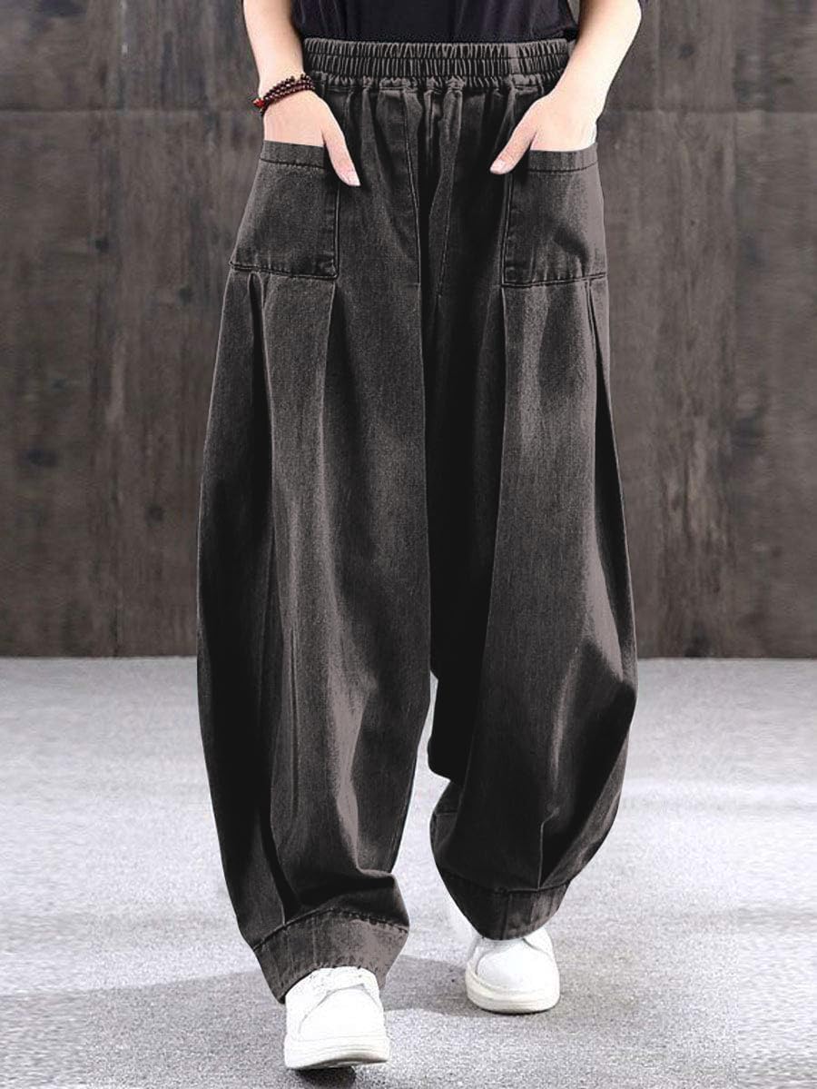 ebossy Women's Denim Harem Pants Elastic Waist Pleated Wide Leg Baggy Jeans - Image 2