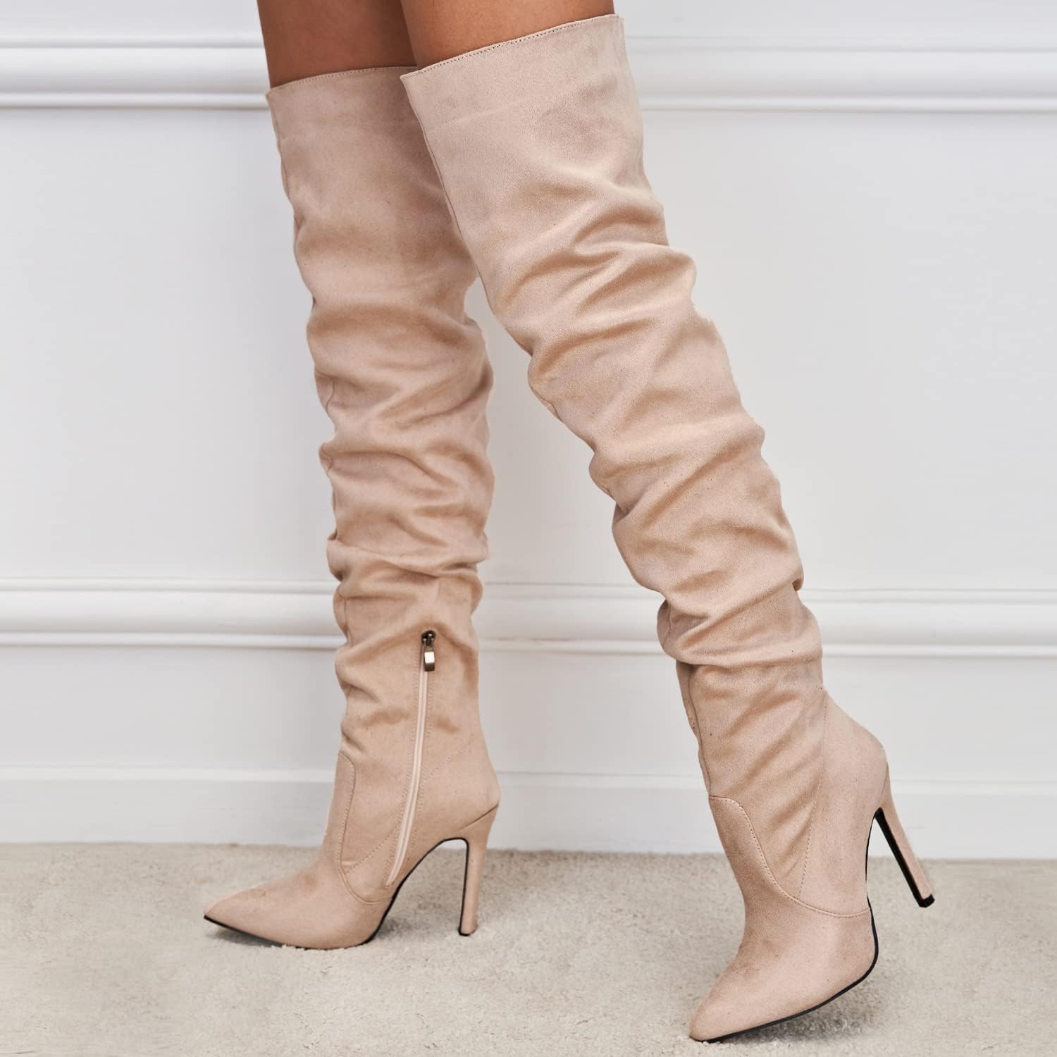 Women's Solid Slouch Block Heel Pointed Toe Over The Knee Boots