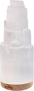 Himalayan Glow Selenite Crystal Lamp 20cm Hand-Carved Moroccan Skyscraper ETL Certified Wooden Base USB for Healing Meditation
