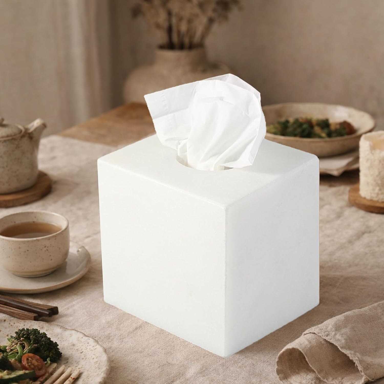 Koville Marble Tissue Box Cover, Heavy Square Tissue Cube Cover Tissue Organizer with Open Bottom for Countertop, Decorative Stone Facial Tissues Boxes Holder for Bathroom Bedroom Kitchen (White)