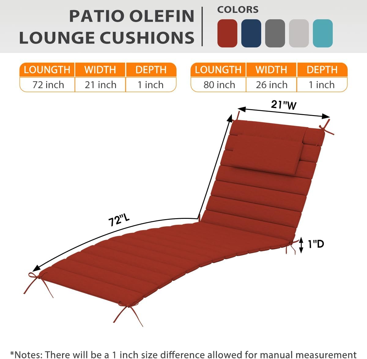 Sundale Outdoor Olefin Quilted Lounge Cushion Set of 2, Patio Foldable Chaise Lounger Cushion, Water-Resistant Lounge Chair Pad with Straps Red, 72 x 21 inches