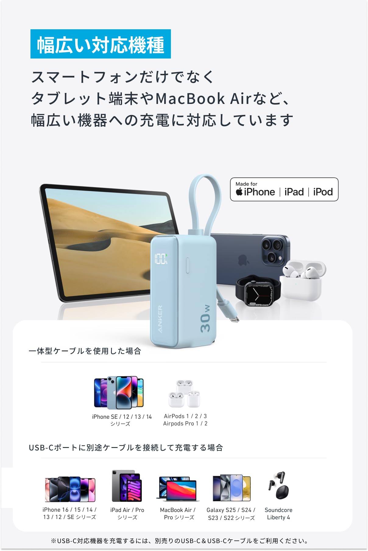 Anker Power Bank 30W Fusion ライトニングケーブル内蔵 モバイル