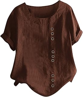 Cotton Linen Blouse for Women Plus Size Dressy Casual Short Sleeve Boho Tops Summer Crew Neck Tunic Shirts