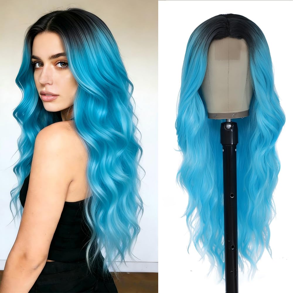 Amazon.com: HMHIFI Long Blue Wig for Women 26Inch Wavy Curly  display picture 1