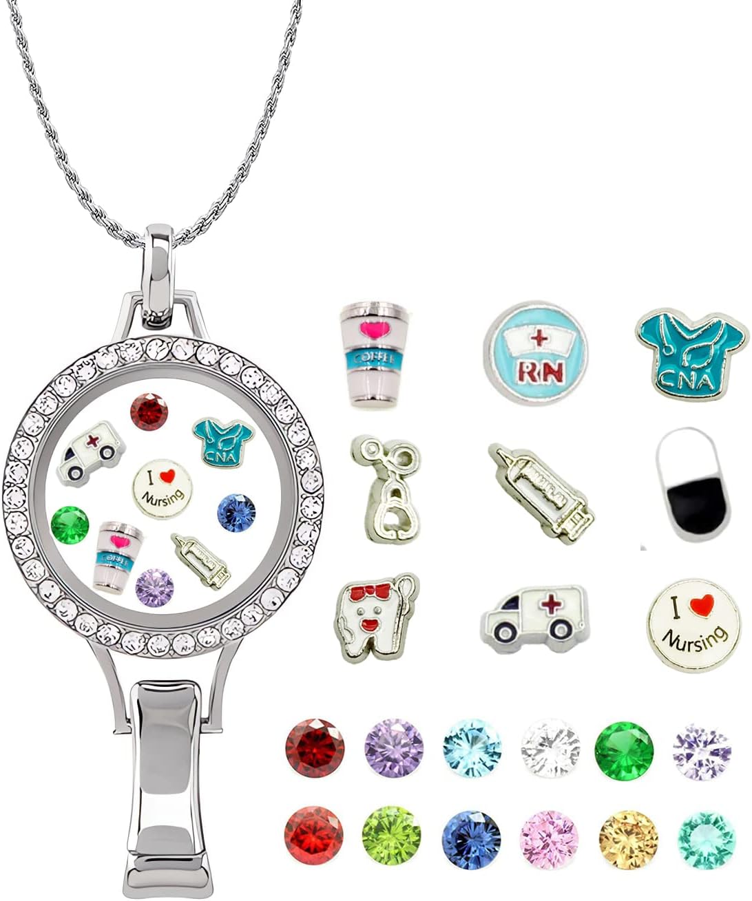 31'' Nurse Lanyard Badge Necklace Holders Charm Locket Pendant w/ 10pcs Medical Charms and 12 Months Birthstones for Healthcare Staff Nurse Day Birthday Xmas Appreciation Gift