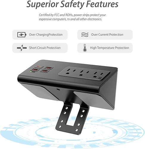 Miniatura 3 de Regletas de alimentación con abrazadera para borde de escritorio con 4 puertos USB (1 puerto PD de 20 W USB-C) y 3 salidas de CA, protector de
