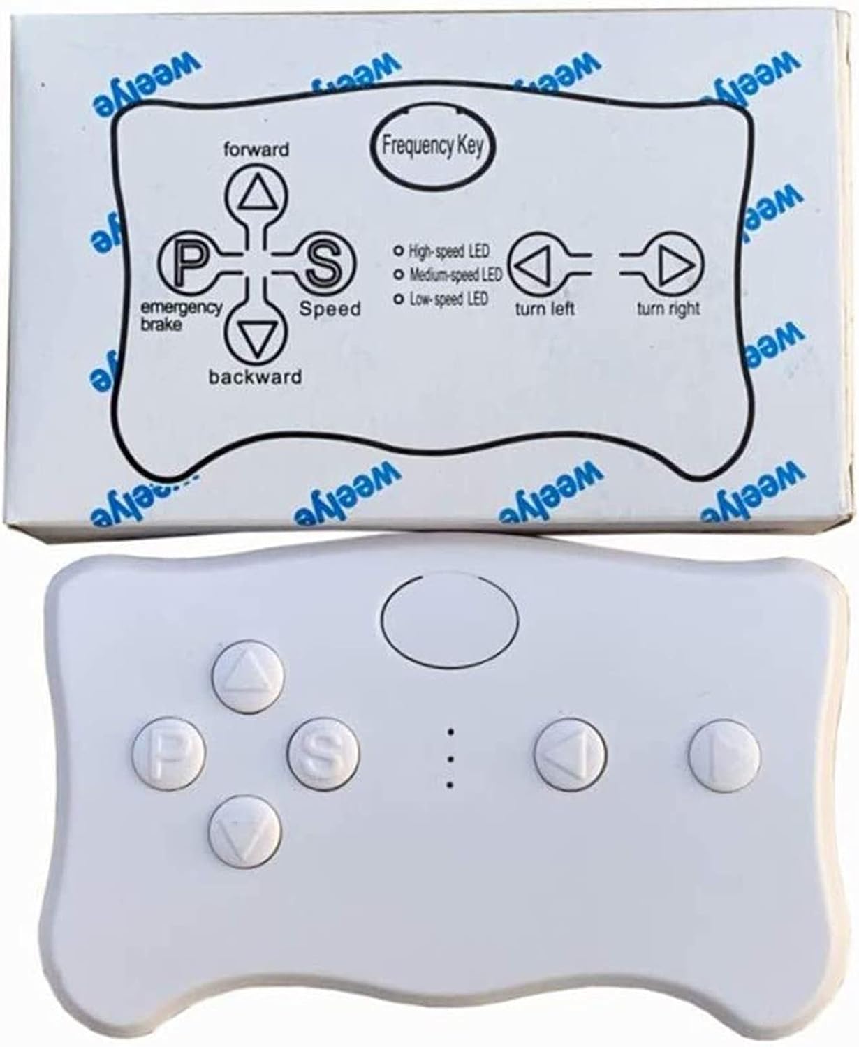 weelye remote control with its packaging, showing a diagram of button functions.