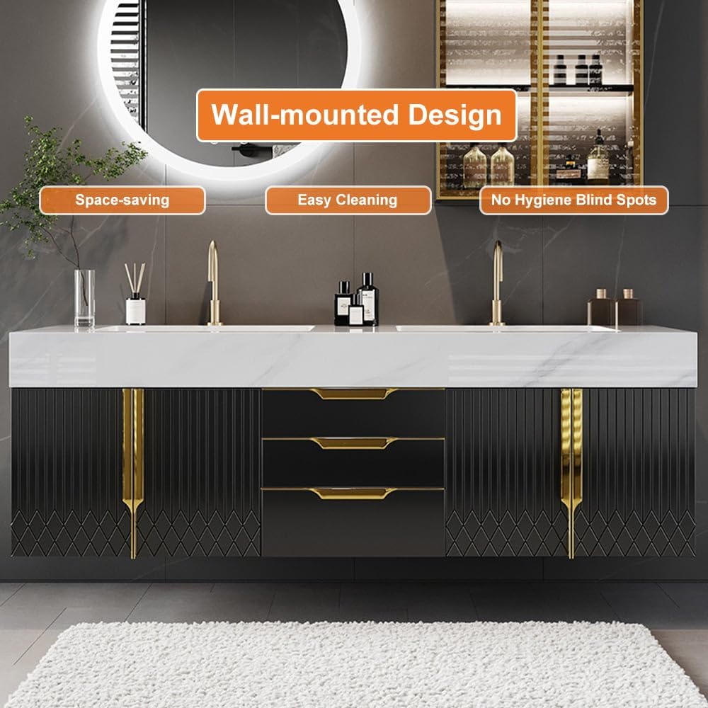 KunMai 59" Black Floating Bathroom Vanity with Faux Marble Top, Double Ceramic Vessel Sinks, Wall-Mounted Design, 3 Drawers for Storage, Modern Bathroom Cabinet with Gold Hardware Finish