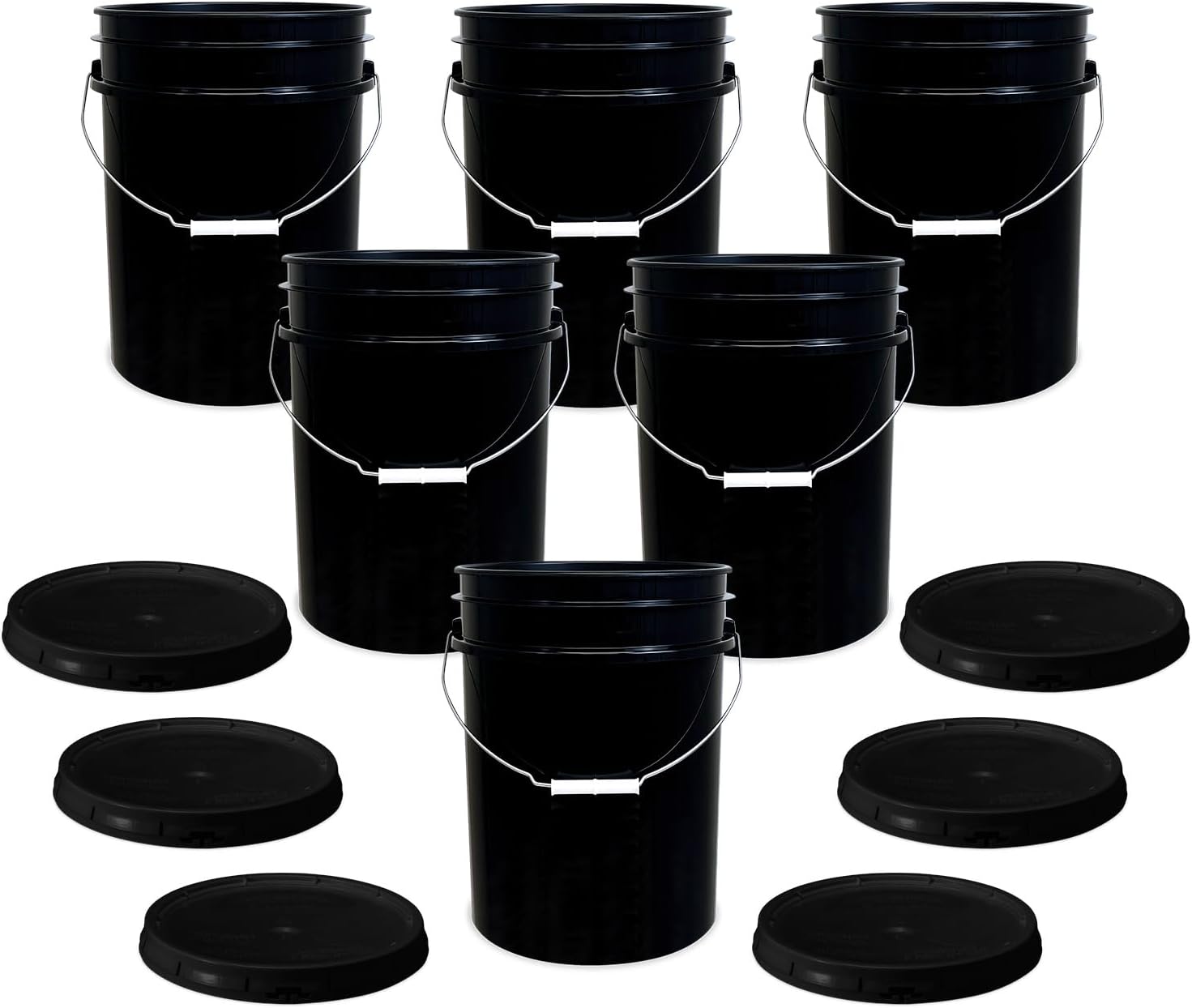 5 Gallon Bucket - Food Grade Bucket with Airtight Gasketed Tear Strip Lid, BPA-Free, Heavy-Duty 90 Mil HDPE Plastic Pail, Bulk Storage, Durable Container, Made in USA - Black, 6 Packs