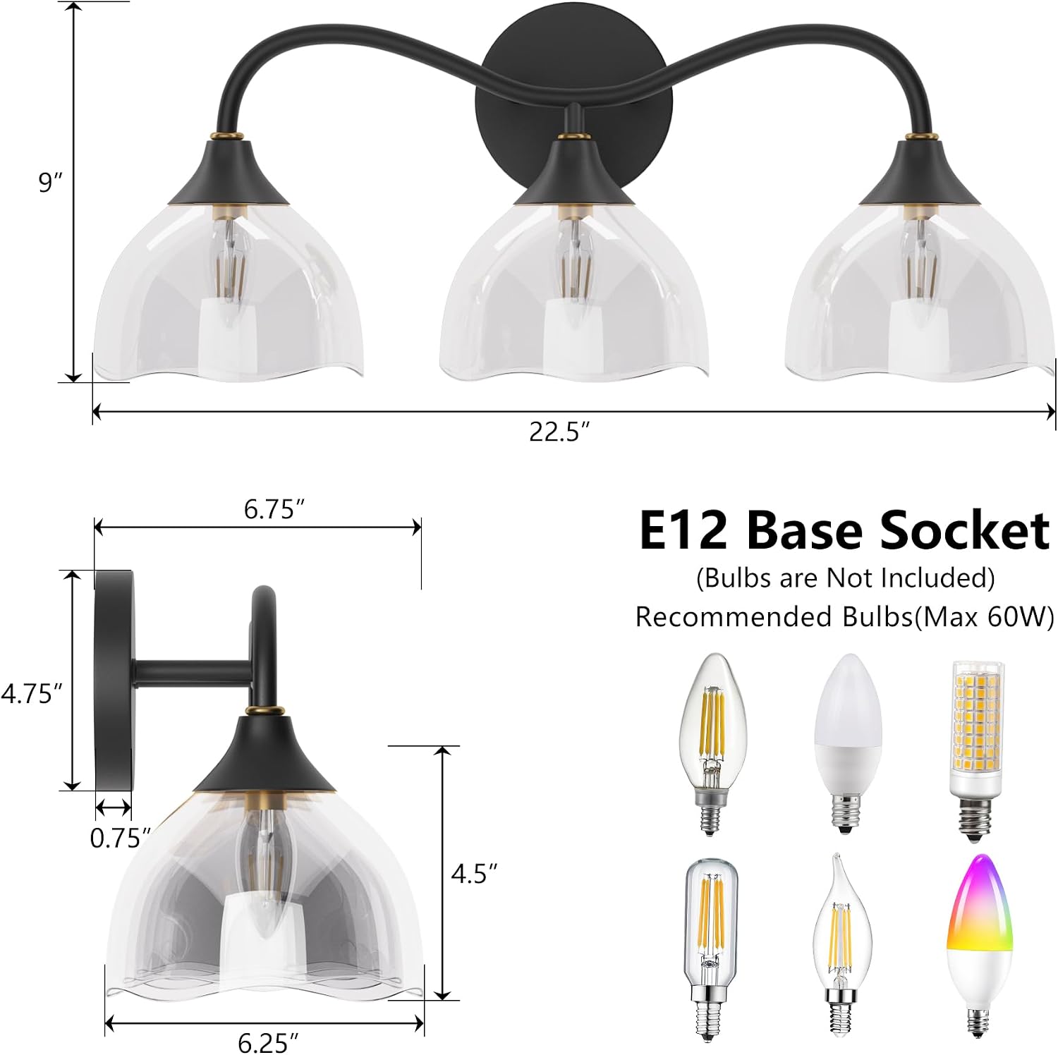 Maxax 3-Light Bathroom Vanity Light, Black Wall Sconce with Clear Glass Shade, Modern Farmhouse Over Mirror Lighting Fixtures, Brass Accent, E12 Base