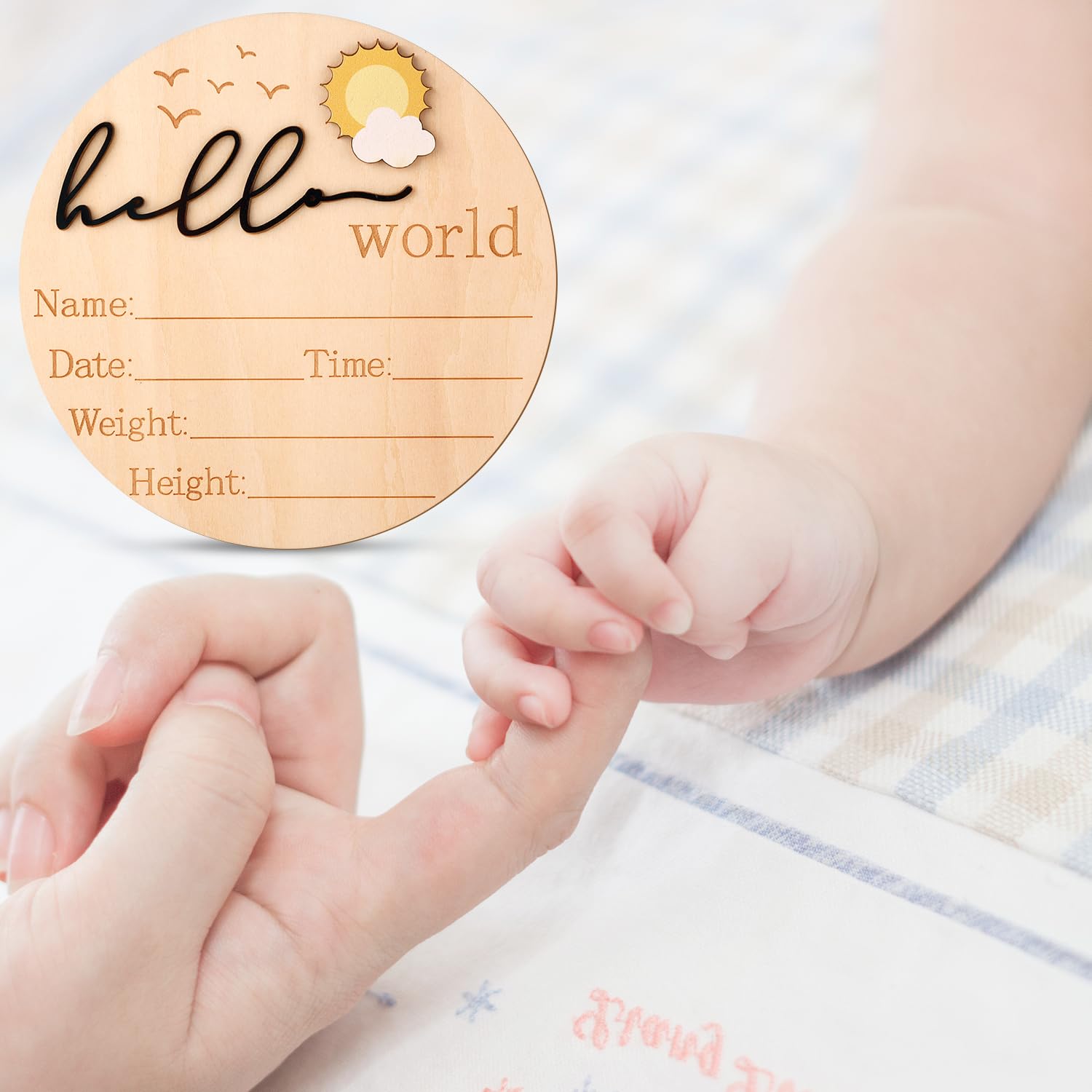 Wooden Baby Announcement Sign - 'Hello World' Newborn Name, Weight, Height Plaque For Nursery & Photo Props - View #3