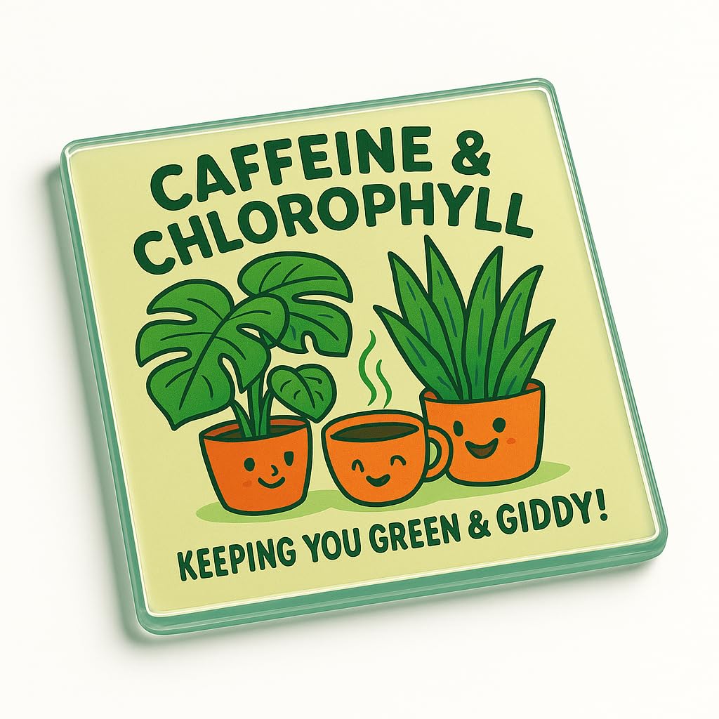 The Plum Penguin Green Giddy Brew Funny Acrylic Coaster Gift For Office Living Room - Cartoon Houseplants Coffee Illustration Desk Accessory
