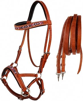 CHALLENGER Horse Western Padded Leather Beaded Bitless Sidepull Bridle Reins 77RT13TN-F