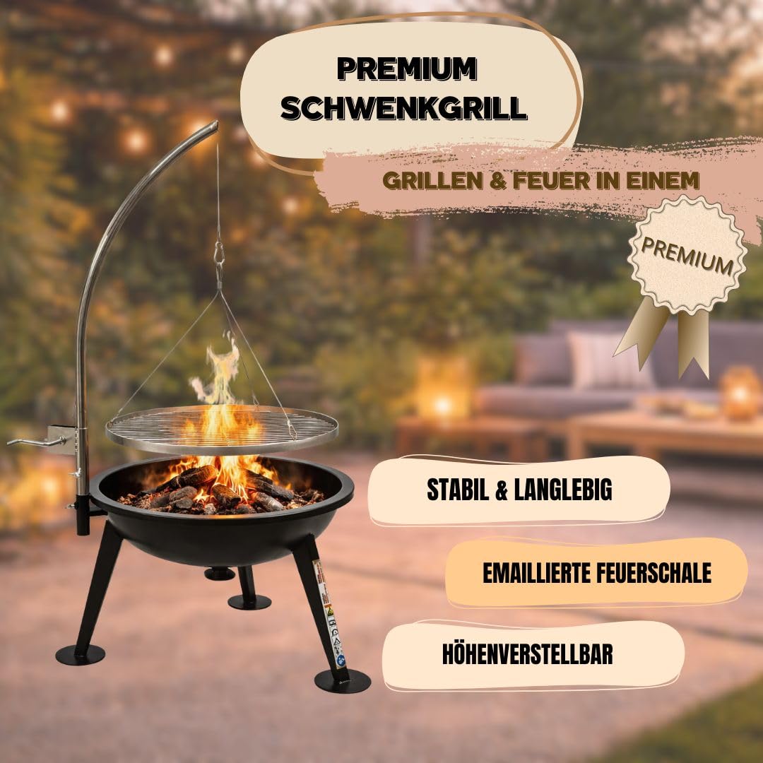 ACTIVA Schwenkgrill Merlin I Feuerschale mit Grillrost inkl. wetterfester Abdeckhaube I Robuster Holzkohle Schwenkgrill für Garten & Outdoor