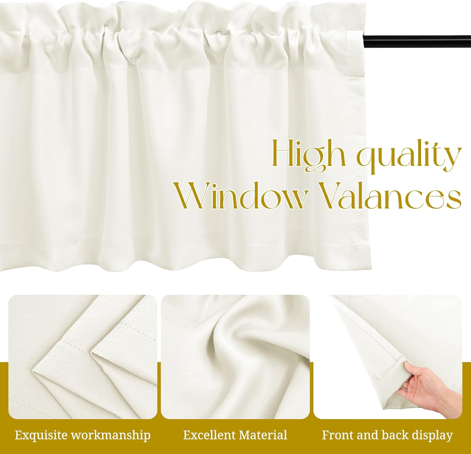 8 Panels Blackout Curtain Valances for Kitchen Living Room Bathroom Bedroom, 52" x 18" Ivory Valances for Windows Rod Pocket Short Curtains for Small Window, Thermal Insulated Valances