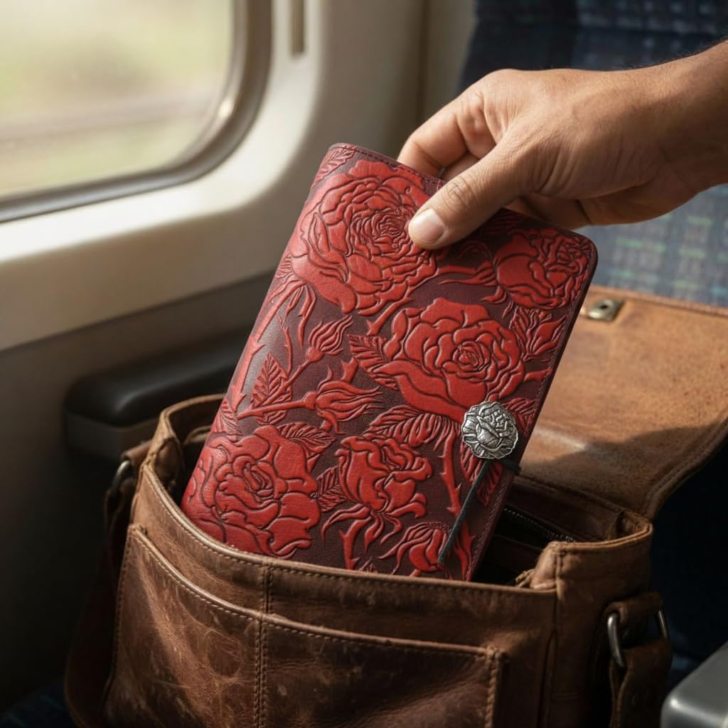 Modern Artisans Wild Red Rose Embossed Leather Writing Journal, American Made, 6 x 9-inch + Refillable A5 Hardbound Insert Book