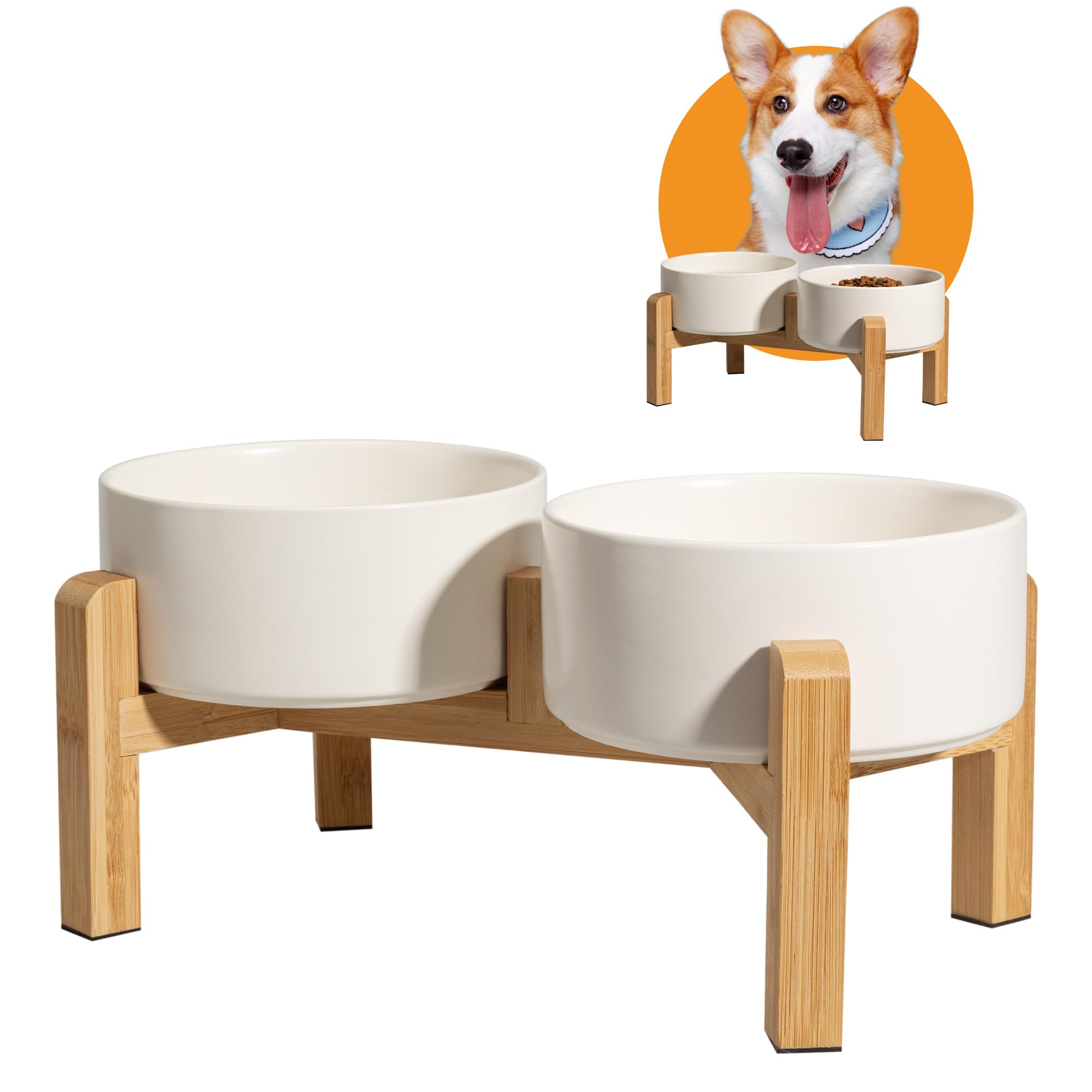 Comedero Elevado para Perros - Doble Cuenco de Cerámica con Soporte de Bambú - Bol Comida y Agua para Perros Pequeños y Medianos - 2 x 850 ml