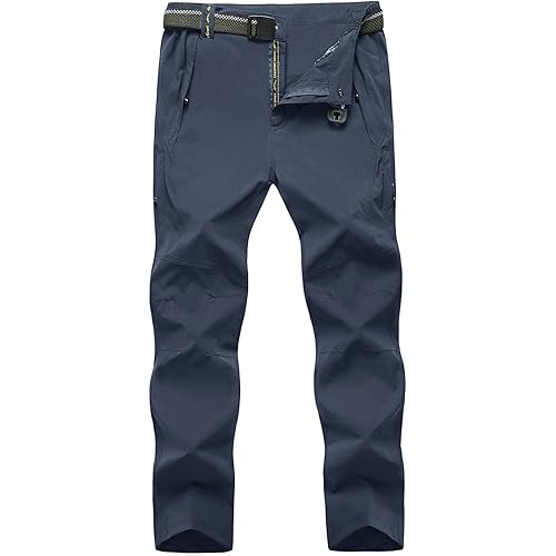 TBMPOY Men's Lightweight Hiking Pants with Belt 5 Zip Pockets Waterproof Quick-Dry Travel Fishing Work Outdoor Pants