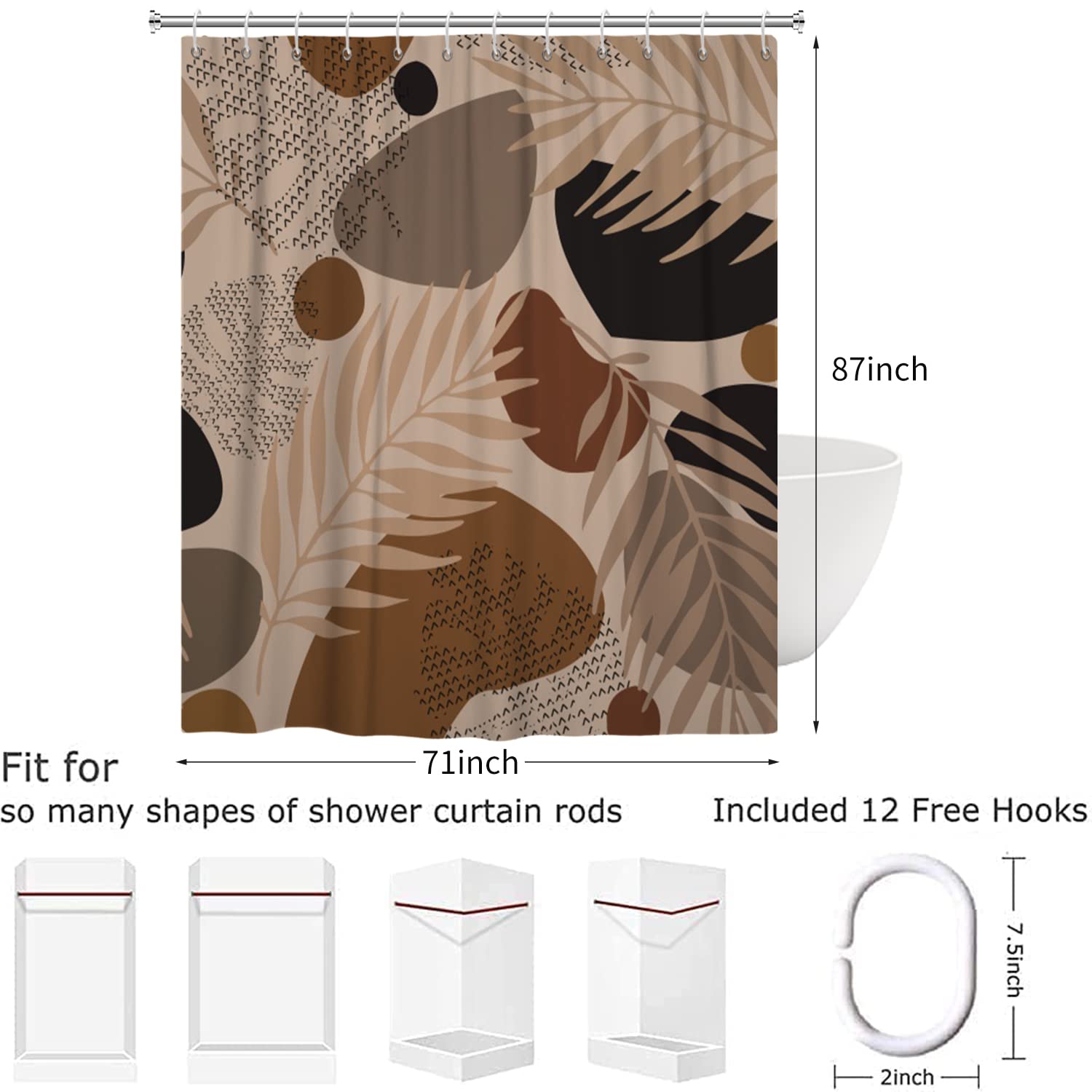 Rideau Douche Géométrique Rideau De Douche Boho 180x200 Cm - Motif Feuilles Tropicales Bleu/or/rose - Polyester Imperméable